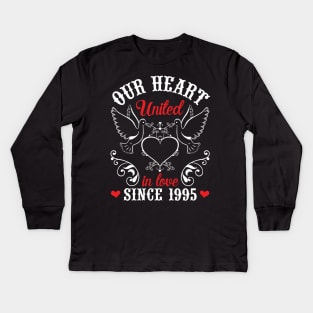 Husband Wife Our Heart United In Love Since 1995 Happy Wedding Married 25 Years Anniversary Kids Long Sleeve T-Shirt